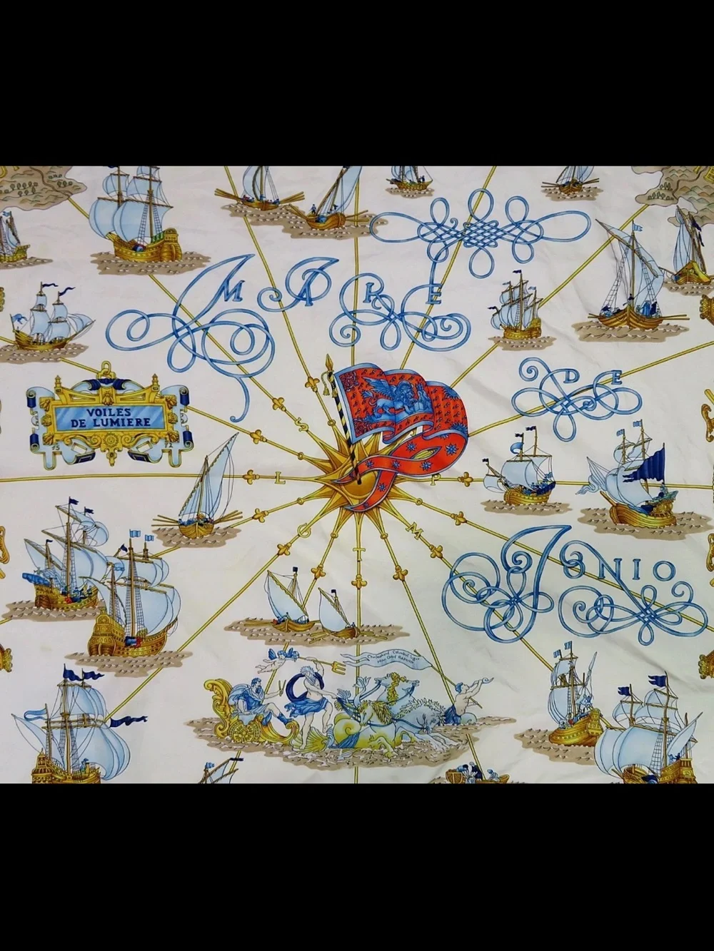 Hermes Silk Scarf Red, Cream, Gold, Blue